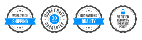 4 badges saying: worldwide shipping, 30 day money back guarantee, guaranteed quality, verified returns & exchange policy